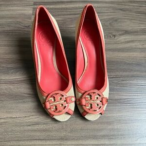 Tory Burch Coral Trim Canvas Peep-Toe Flats with Medallion